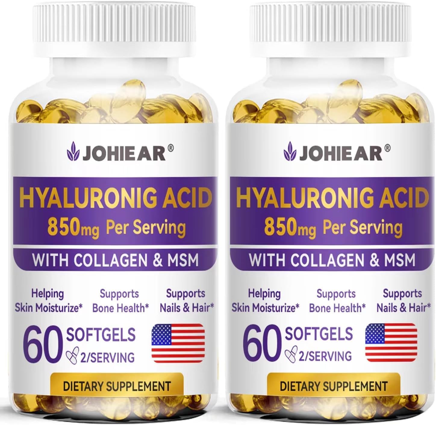 High Strength Johiear Hyaluronic Acid Supplements for Skin, Joints, Eyes, Hair, and Nails - 850mg Capsules, 60 Softgels (2 Pack)