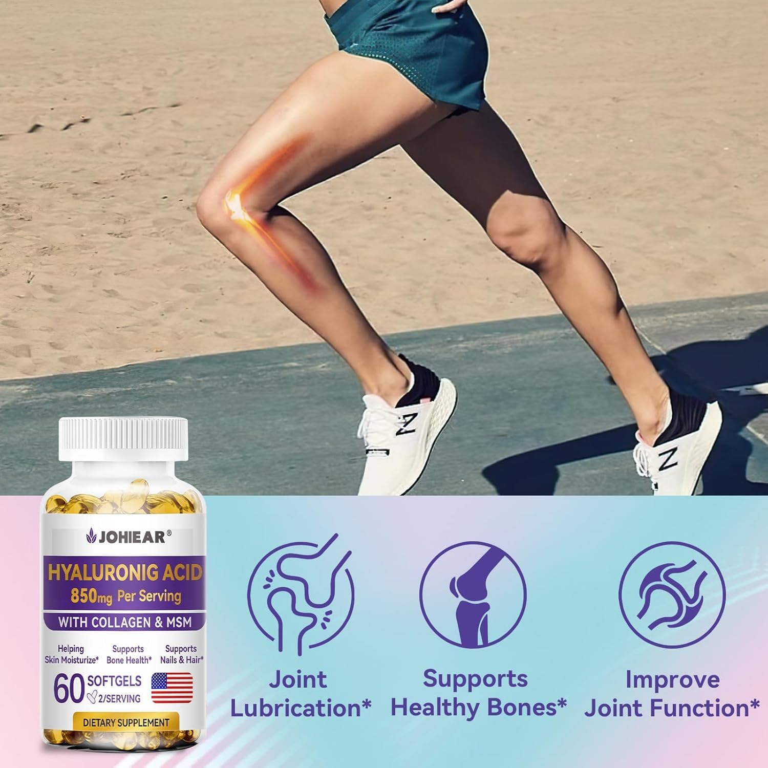 High Strength Johiear Hyaluronic Acid Supplements for Skin, Joints, Eyes, Hair, and Nails - 850mg Capsules, 60 Softgels (2 Pack)