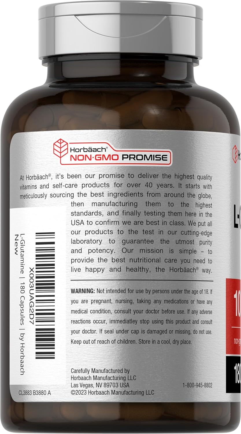 High Strength L-Glutamine Capsules 1000mg - 180 Count for Pre & Post Workout - Non-GMO, Gluten Free Supplement by Horbäach