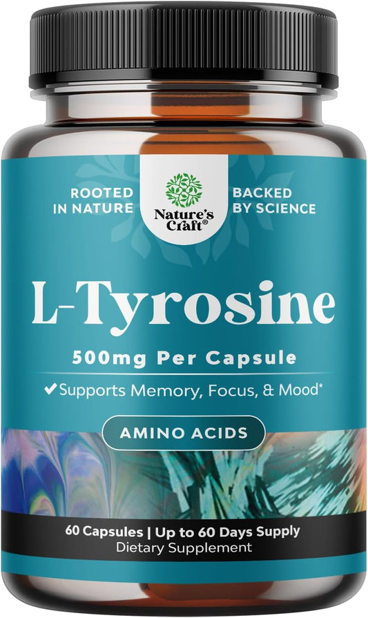 High Strength L-Tyrosine Supplement for Mental Energy and Focus Support - Natures Craft Free Form L Tyrosine 500mg Capsules - Amino Acid Nootropic for Mood Focus Attention and Cognition - 60 Count