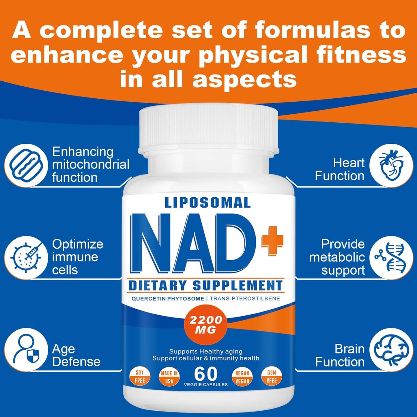 High Strength Liposomal NAD+ Supplement - Boost Cell Energy & Aging Defense - 60 Capsules