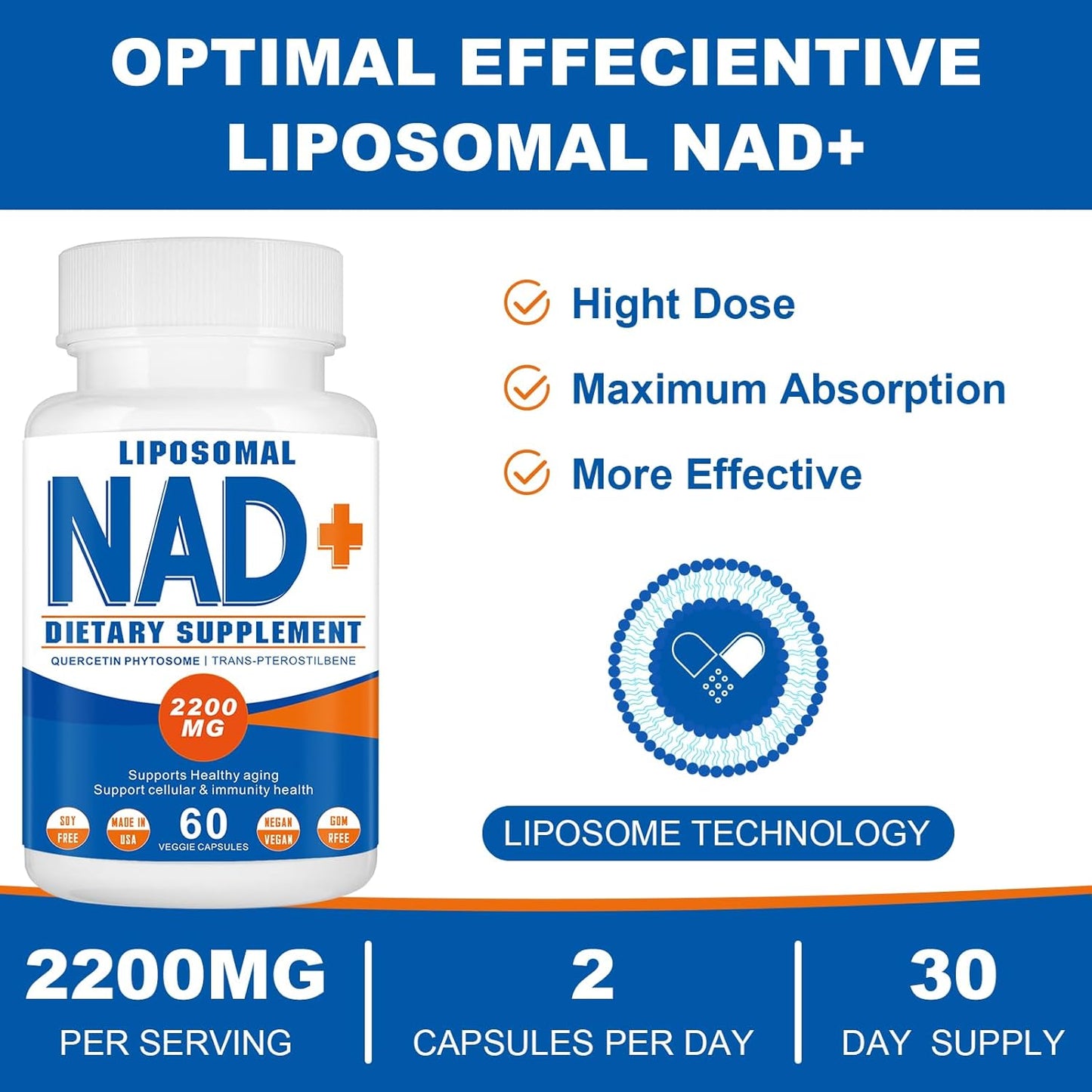High Strength Liposomal NAD+ Supplement - Boost Cell Energy & Aging Defense - 60 Capsules