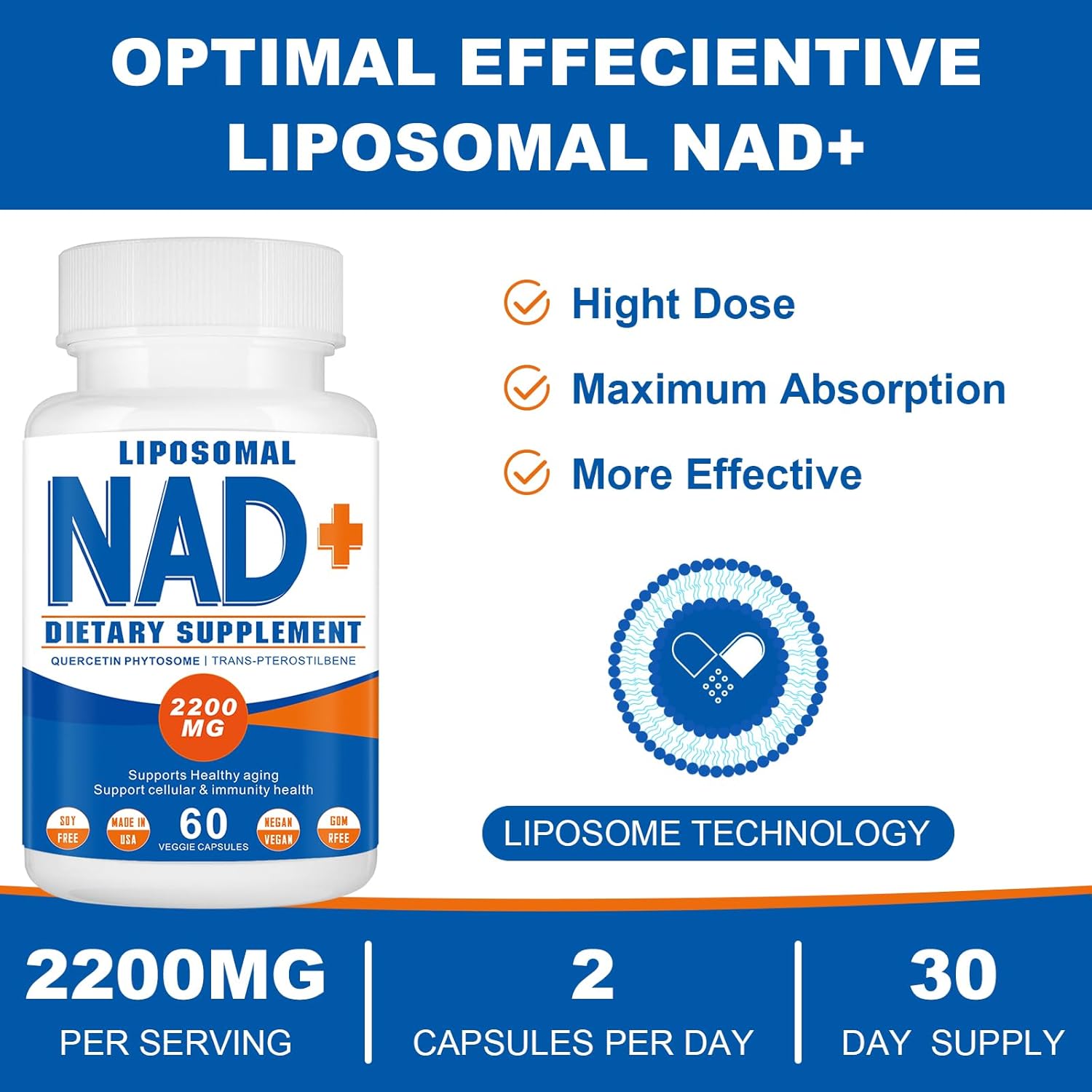 High Strength Liposomal NAD+ Supplement - Boost Cell Energy & Aging Defense - 60 Capsules
