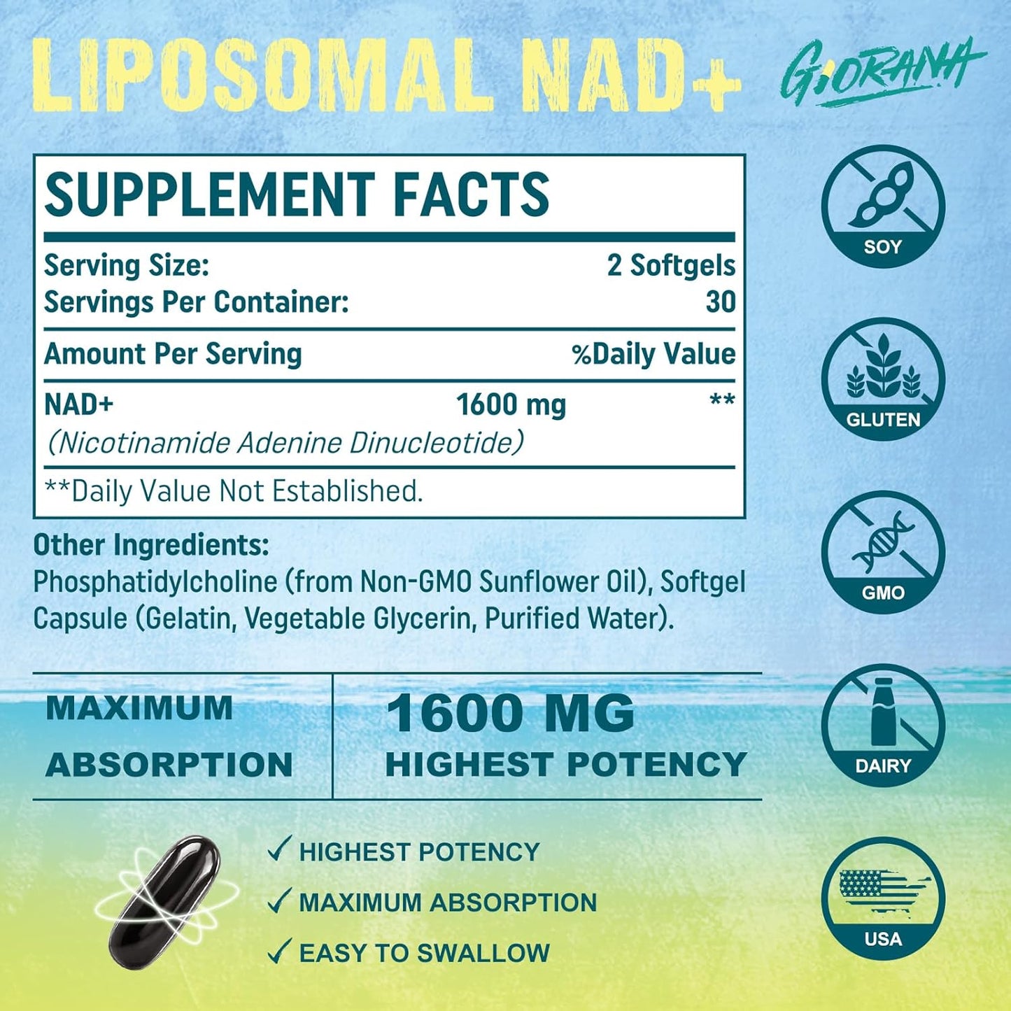 High Strength Liposomal NAD+ Supplement 1600mg - Boost Energy, Longevity, and Repair - Non-GMO - 120 Softgels