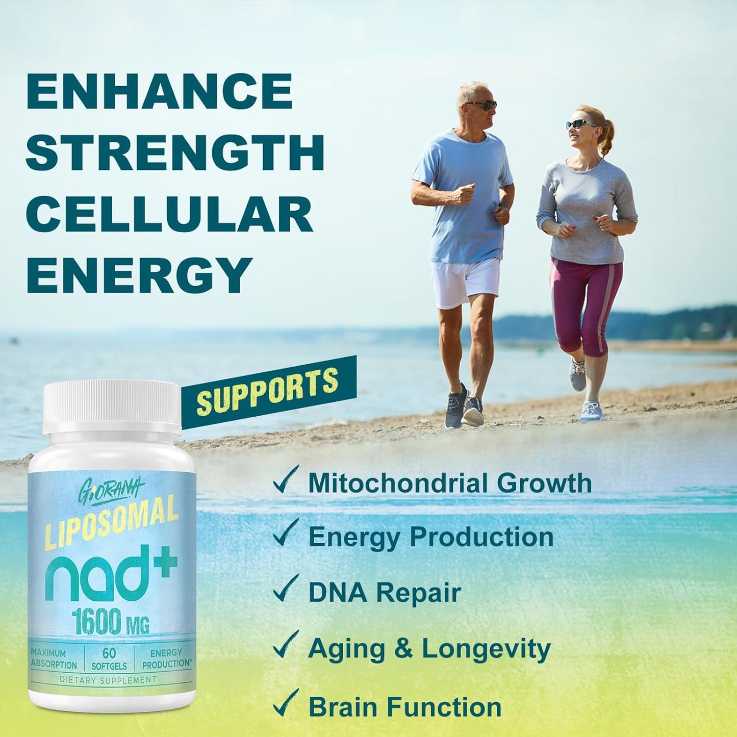 High Strength Liposomal NAD+ Supplement 1600mg - Boost Energy, Longevity, and Repair - Non-GMO - 120 Softgels
