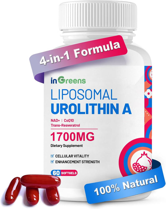 High Strength Liposomal Urolithin A Supplement for Healthy Aging and Energy - 1700mg Per Serving (60 Softgels) with NAD, CoQ10, Trans-Resveratrol - Muscle Health Support