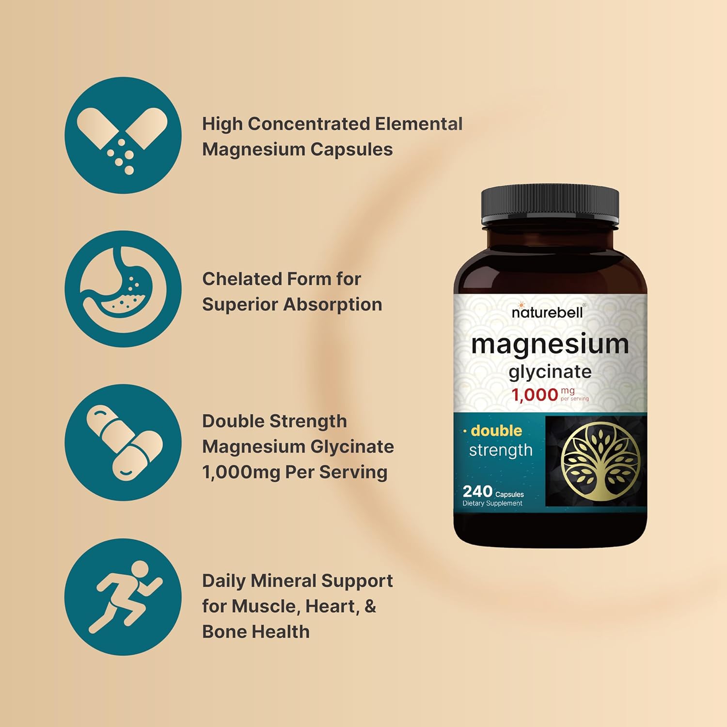 High Strength Magnesium Glycinate Supplement 1000mg | 240 Capsules, 500mg Each | Chelated & Non-GMO Formula - Gluten Free
