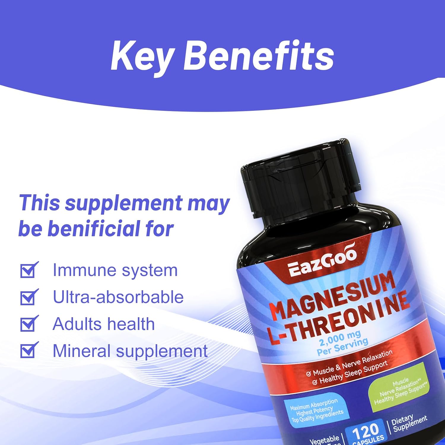 High Strength Magnesium L-Threonine Supplement - 2000mg, 240 Capsules by EAZGOO