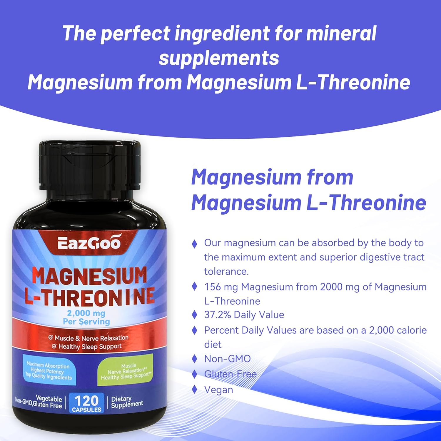 High Strength Magnesium L-Threonine Supplement - 2000mg, 240 Capsules by EAZGOO