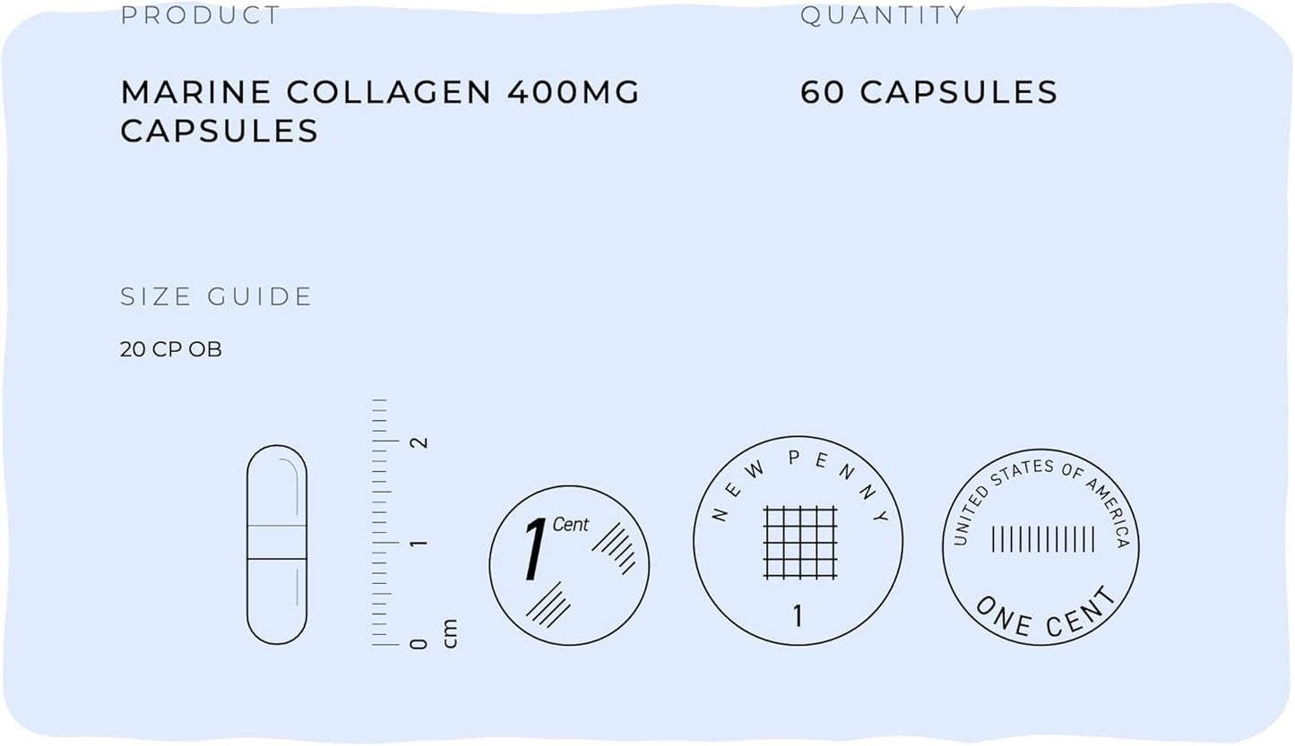 High Strength Marine Collagen Capsules for Hair, Skin, & Joints - Protein Supplement for Women & Men - 400mg, 60 Pack