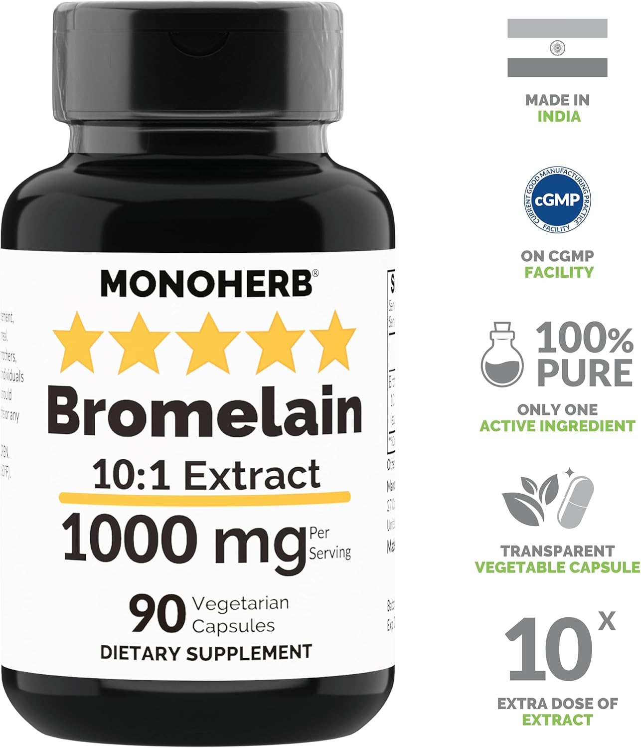 High Strength MONOHERB Bromelain Extract Capsules - 1000mg - 90 Veg Caps - Digestive Enzyme Supplement