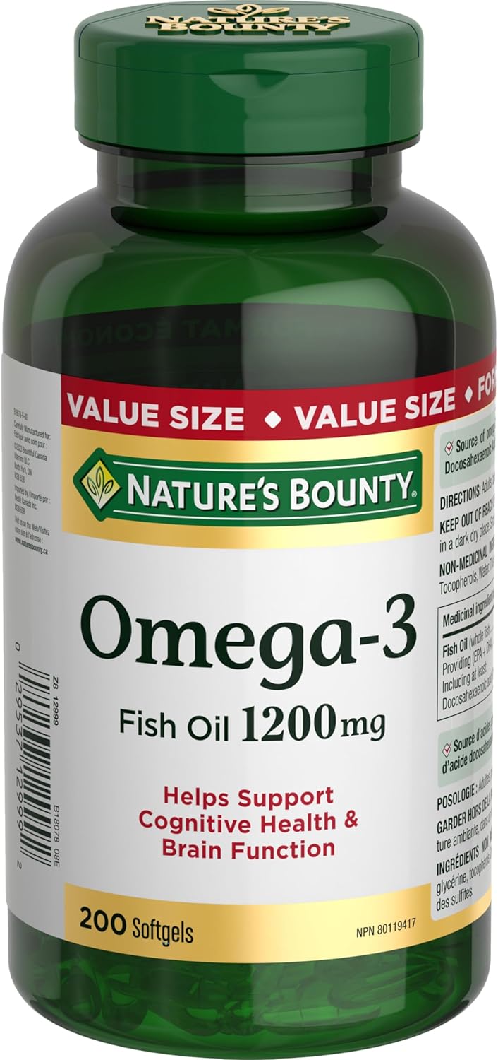 High Strength Nature's Bounty Omega-3 Fish Oil Softgels, 1200mg, 200 Count Bottle
