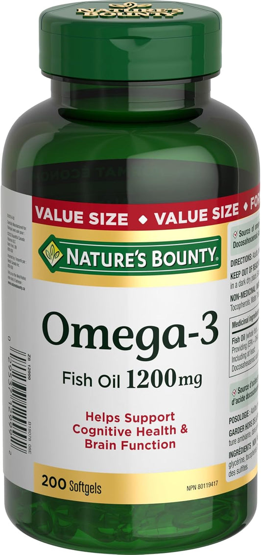 High Strength Nature's Bounty Omega-3 Fish Oil Softgels, 1200mg, 200 Count Bottle