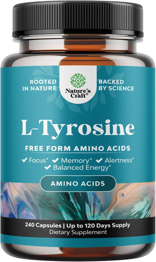 High Strength Natures Craft L-Tyrosine Supplement - 1000mg per Serving for Energy, Focus, Attention, and Cognition - Amino Acid Nootropic (240 Count)