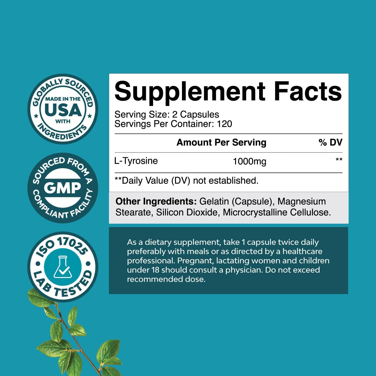 High Strength Natures Craft L-Tyrosine Supplement - 1000mg per Serving for Energy, Focus, Attention, and Cognition - Amino Acid Nootropic (240 Count)