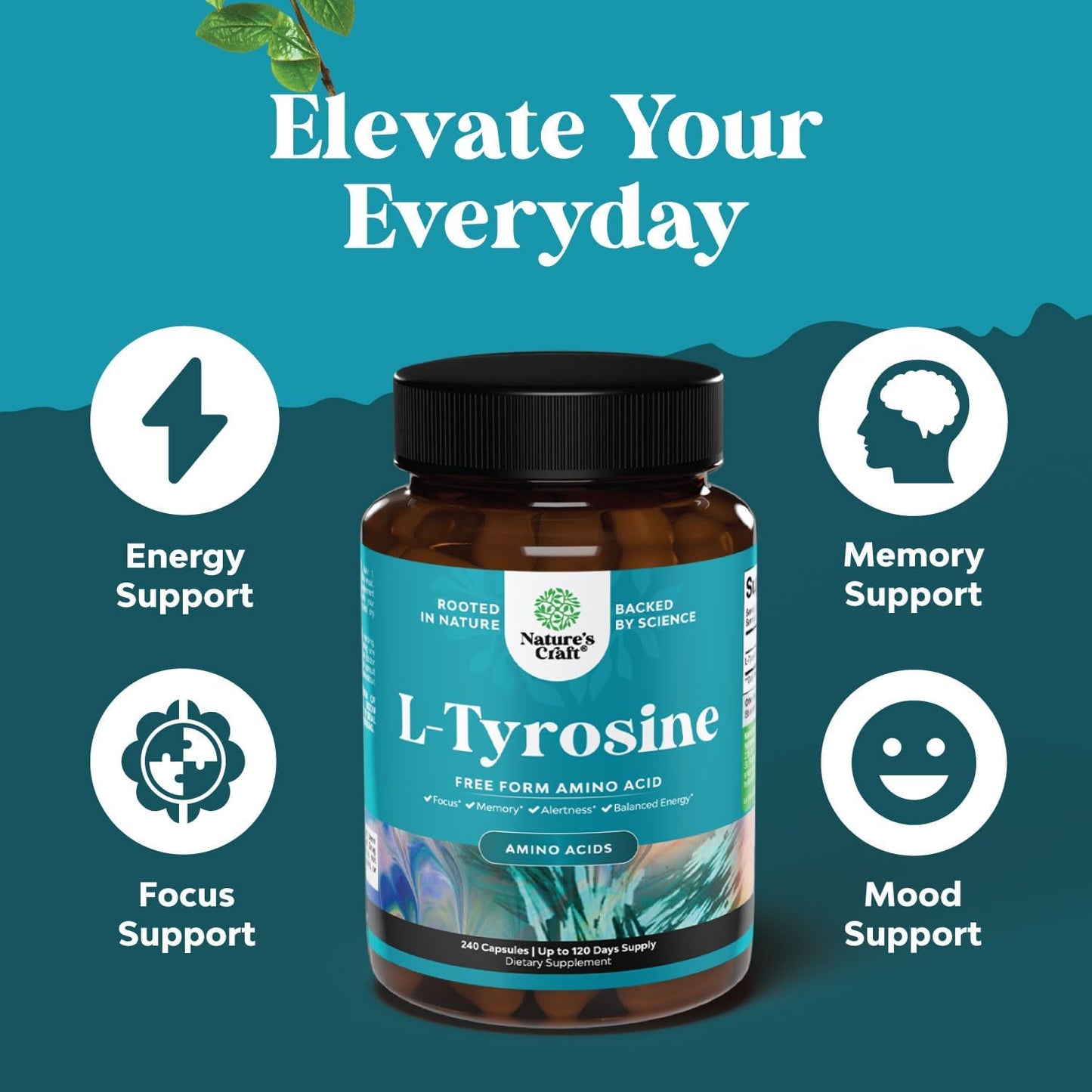 High Strength Natures Craft L-Tyrosine Supplement - 1000mg per Serving for Energy, Focus, Attention, and Cognition - Amino Acid Nootropic (240 Count)