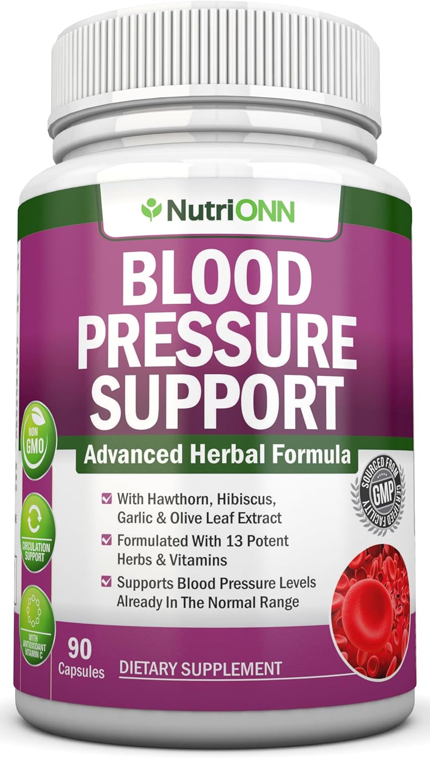 High Strength Nutritional Blood Pressure Support Supplement with 13 Herbs & Vitamins - Natural Non-GMO Capsules for Men & Women - 90 Day Supply