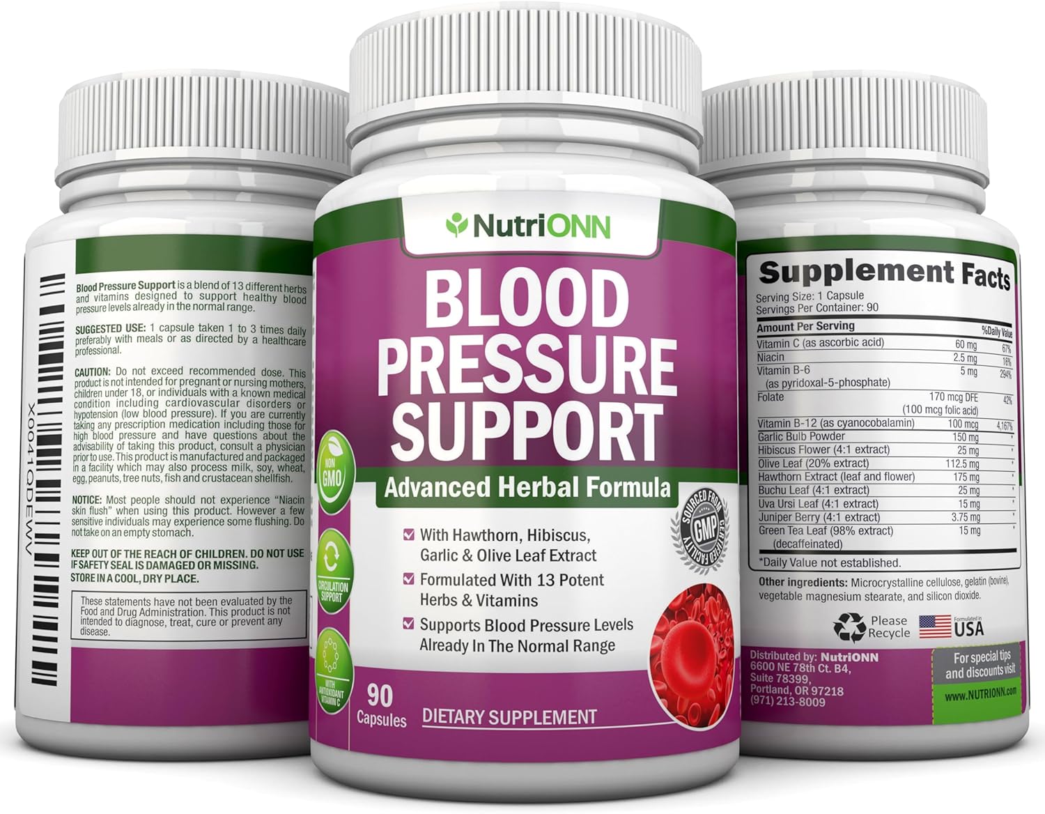 High Strength Nutritional Blood Pressure Support Supplement with 13 Herbs & Vitamins - Natural Non-GMO Capsules for Men & Women - 90 Day Supply