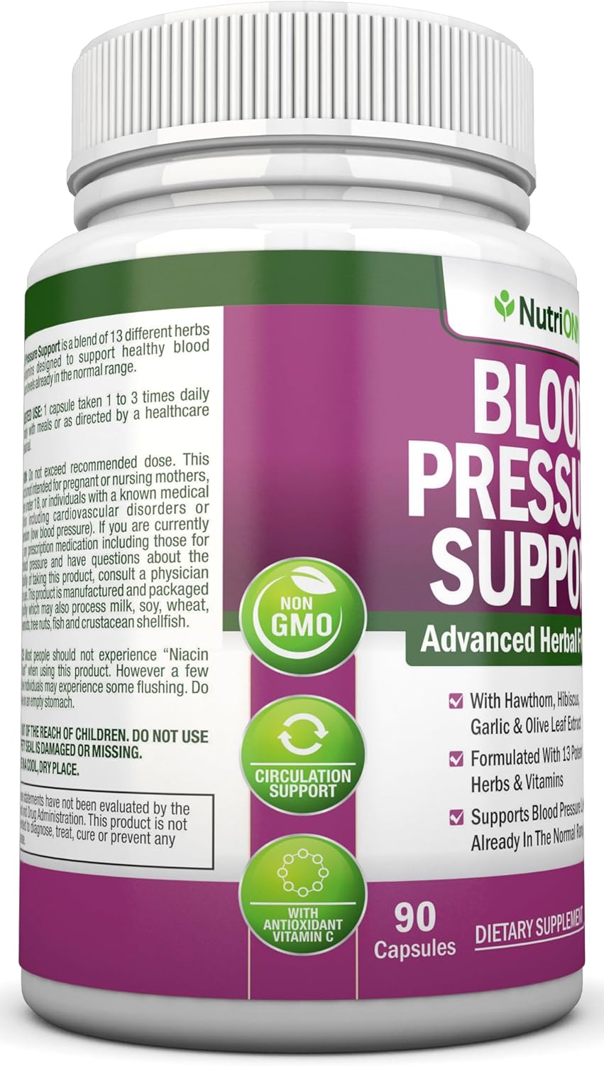 High Strength Nutritional Blood Pressure Support Supplement with 13 Herbs & Vitamins - Natural Non-GMO Capsules for Men & Women - 90 Day Supply