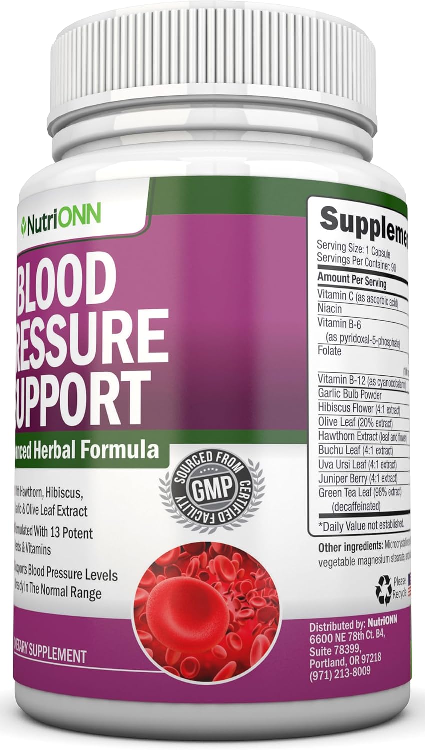 High Strength Nutritional Blood Pressure Support Supplement with 13 Herbs & Vitamins - Natural Non-GMO Capsules for Men & Women - 90 Day Supply