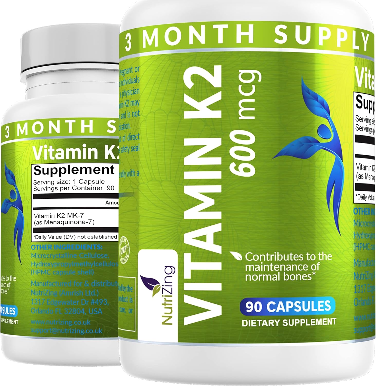 High Strength NutriZing Vitamin K2 MK-7 Supplement - 600mcg - Supports Bone & Arterial Health - 90 Vegan Capsules - 3 Month Supply for Men & Women