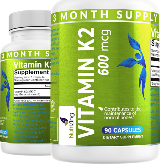 High Strength NutriZing Vitamin K2 MK-7 Supplement - 600mcg - Supports Bone & Arterial Health - 90 Vegan Capsules - 3 Month Supply for Men & Women