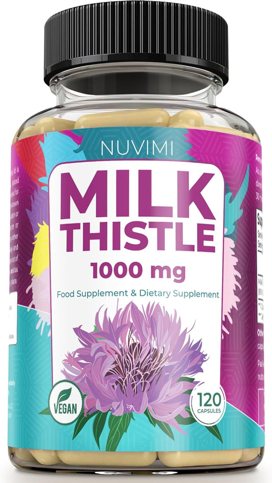 High Strength NUVIMI Milk Thistle Capsules - 1000mg with 80% Silymarin Extract - 120 Vegan Capsules - Liver Health Dietary Supplement