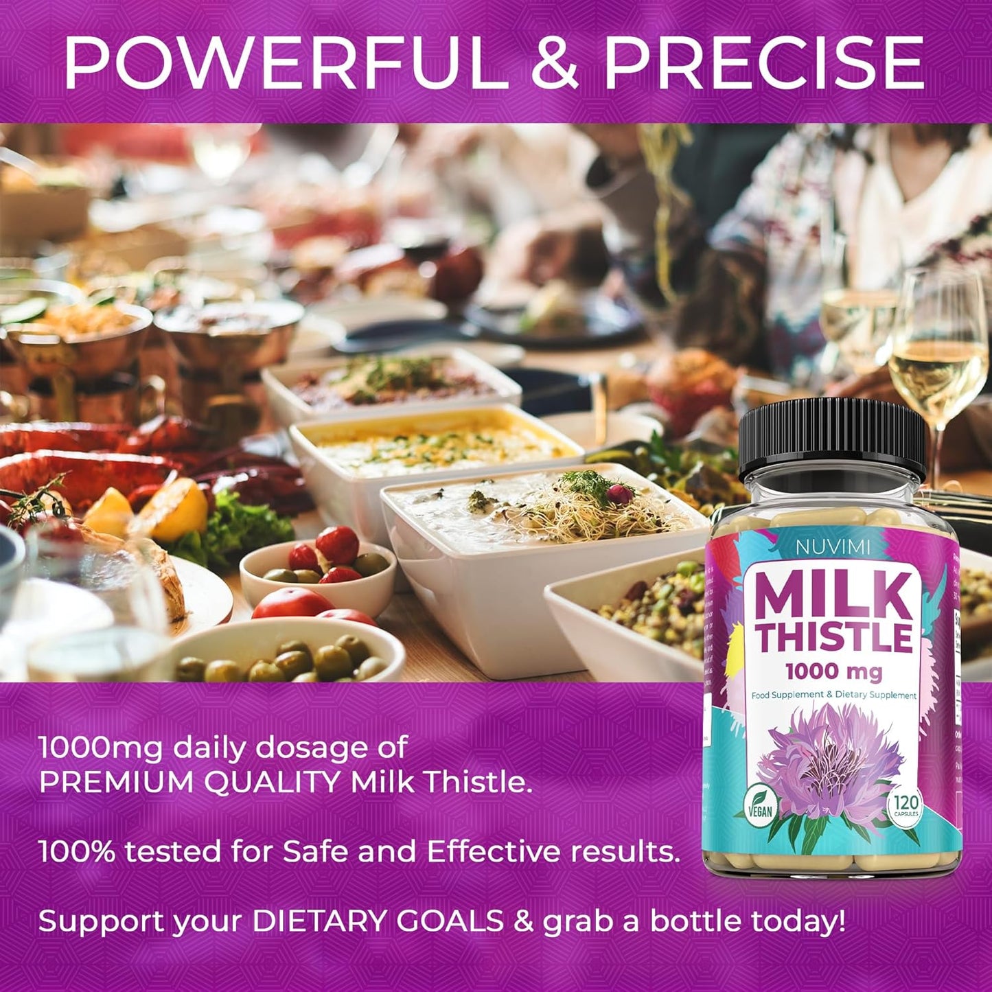 High Strength NUVIMI Milk Thistle Capsules - 1000mg with 80% Silymarin Extract - 120 Vegan Capsules - Liver Health Dietary Supplement