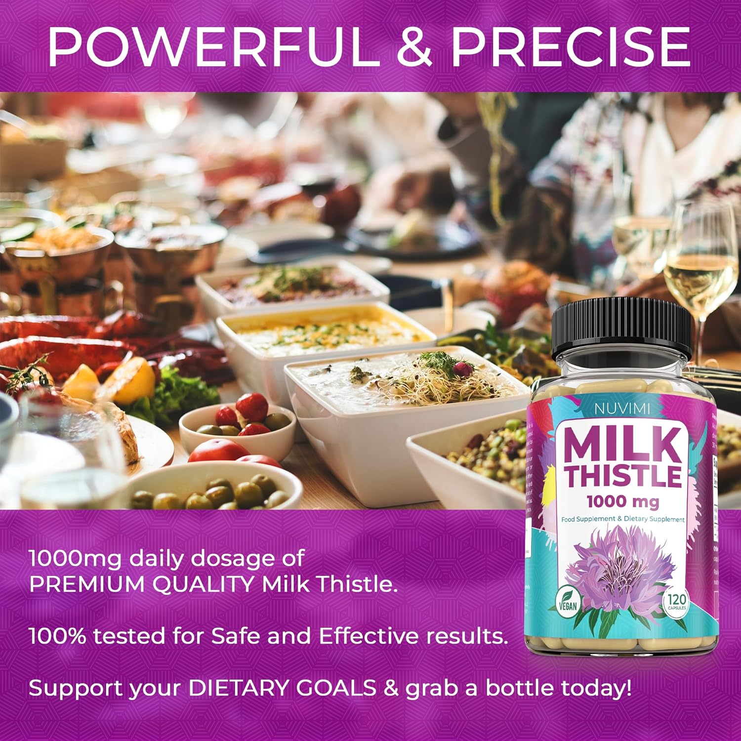 High Strength NUVIMI Milk Thistle Capsules - 1000mg with 80% Silymarin Extract - 120 Vegan Capsules - Liver Health Dietary Supplement