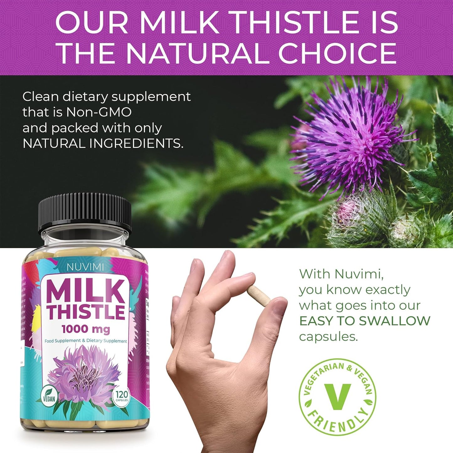High Strength NUVIMI Milk Thistle Capsules - 1000mg with 80% Silymarin Extract - 120 Vegan Capsules - Liver Health Dietary Supplement