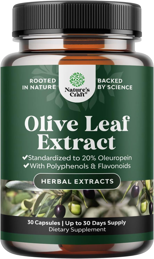 High Strength Olive Leaf Extract Capsules with 20% Oleuropein - Herbal Antioxidant for Heart Health - Vegan Non-GMO Supplement
