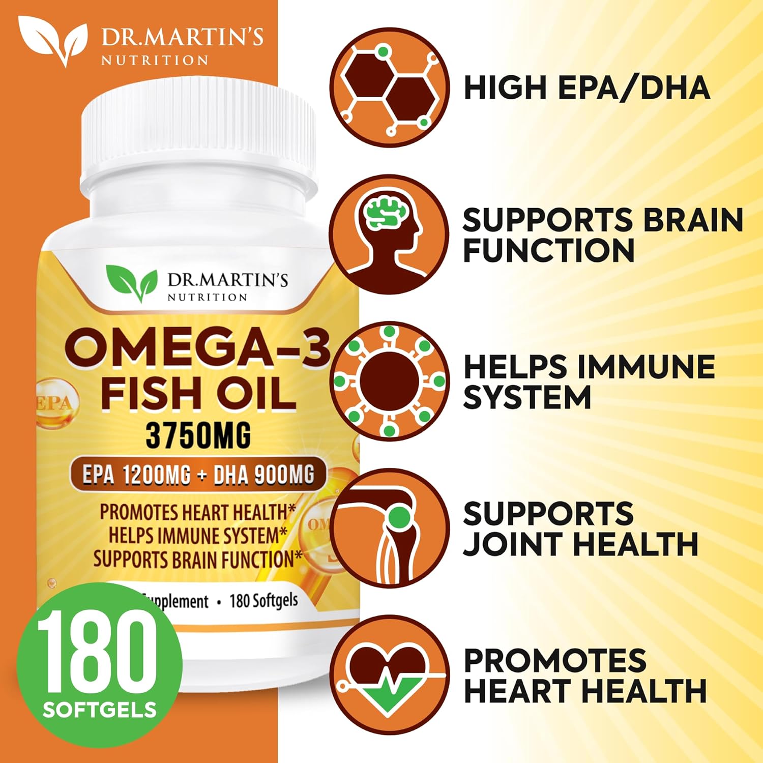 High Strength Omega 3 Fish Oil Supplement | 3750mg Triple Strength Formula with EPA 1200mg & DHA 900mg | Supports Heart, Immune System, Eyes, Skin & Brain | 180 Burpless Softgels