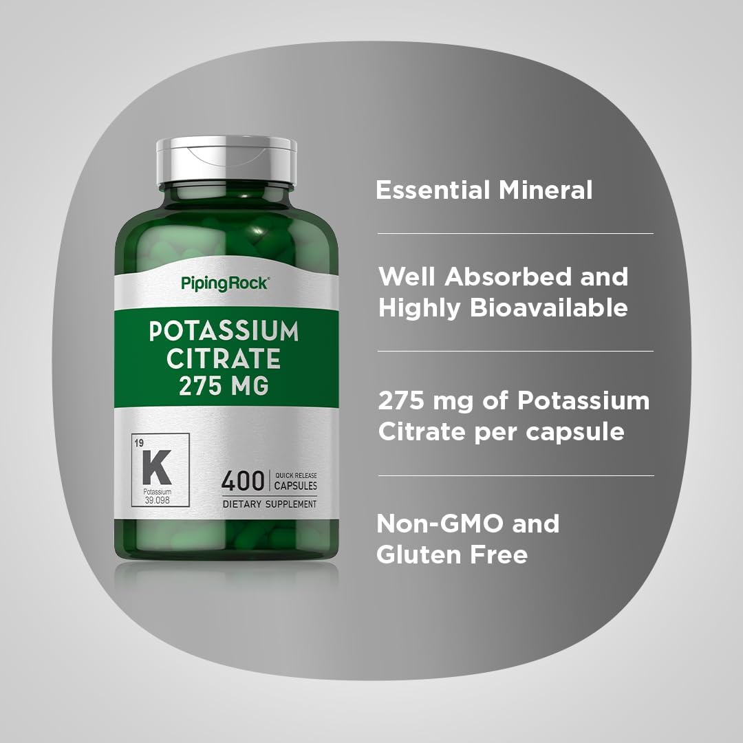 High Strength Potassium Citrate Supplement | 275 mg | 400 Capsules | Non-GMO, Gluten Free - Piping Rock