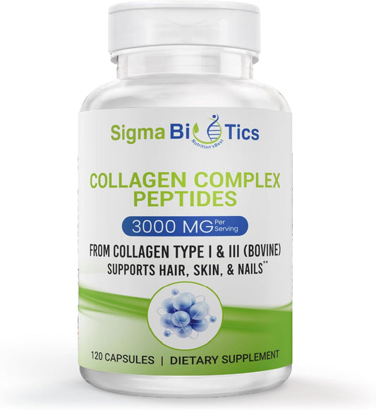 High-Strength Sigma Biotics Collagen Peptides Capsules for Hair, Skin, Nails, and Joints - 3000 mg - Type I & III - 120 Pills