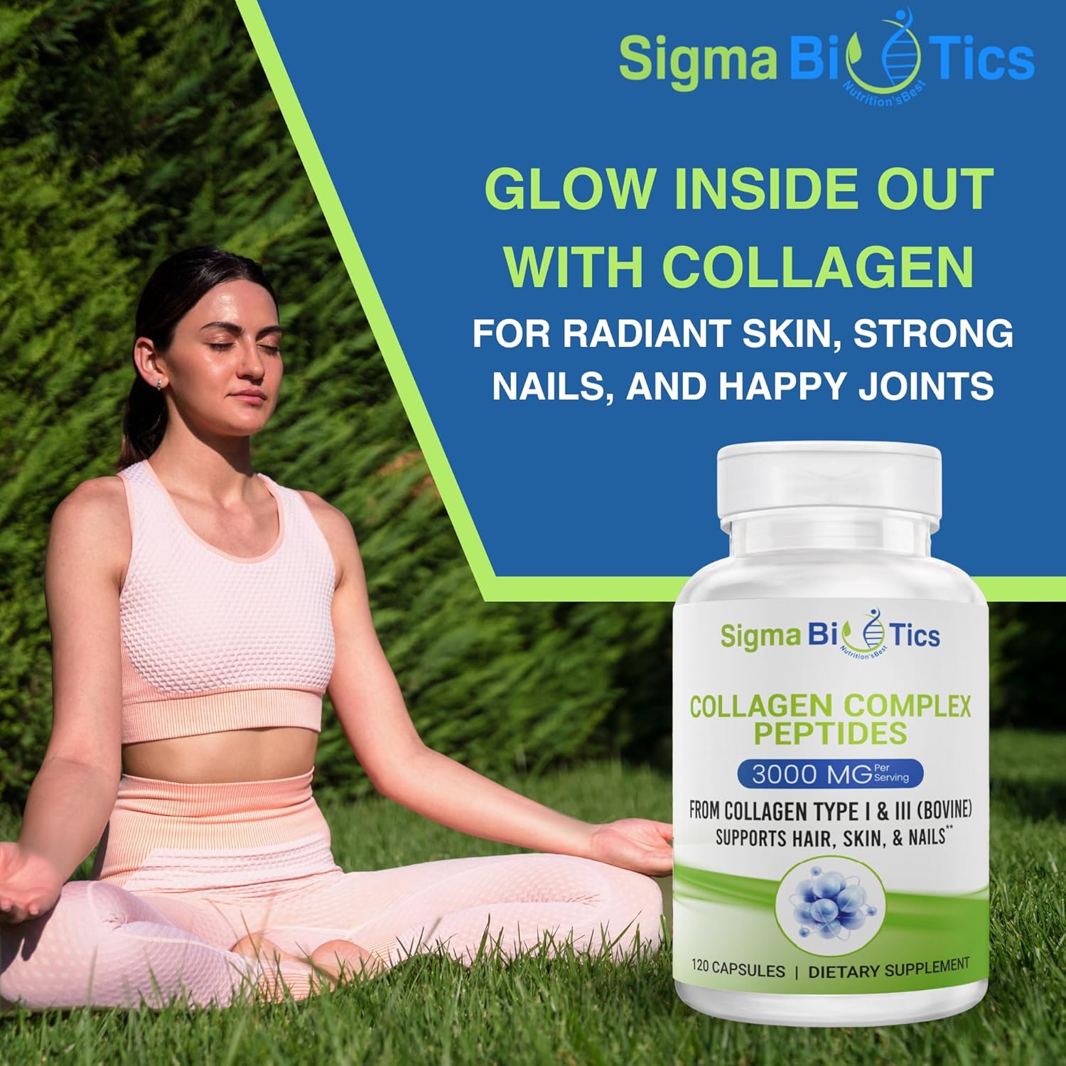 High-Strength Sigma Biotics Collagen Peptides Capsules for Hair, Skin, Nails, and Joints - 3000 mg - Type I & III - 120 Pills