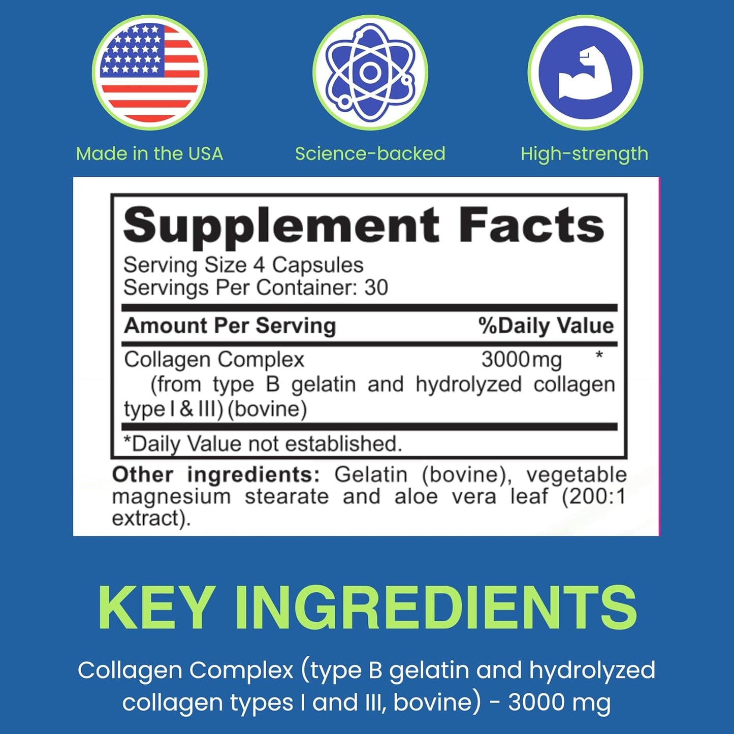 High-Strength Sigma Biotics Collagen Peptides Capsules for Hair, Skin, Nails, and Joints - 3000 mg - Type I & III - 120 Pills