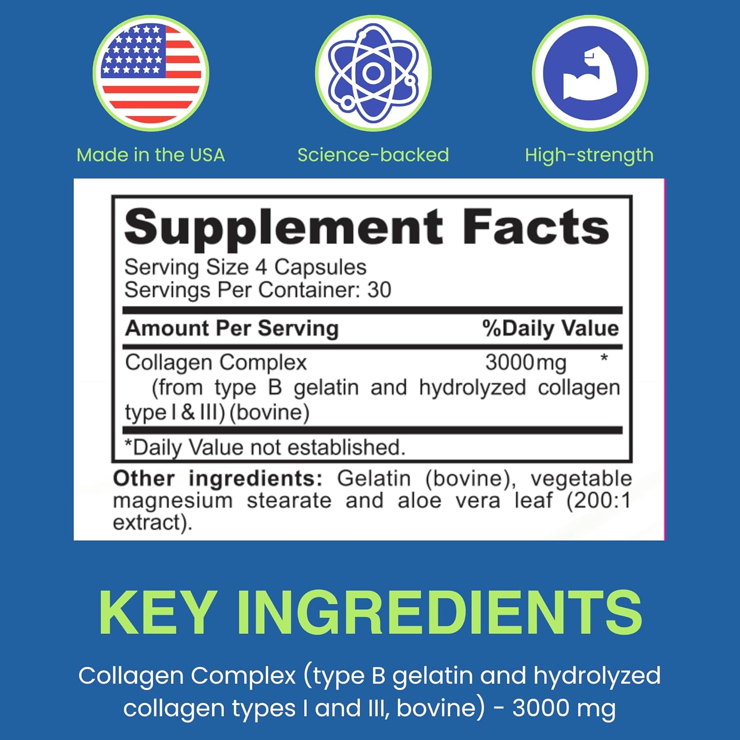 High-Strength Sigma Biotics Collagen Peptides Capsules for Hair, Skin, Nails, and Joints - 3000 mg - Type I & III - 120 Pills