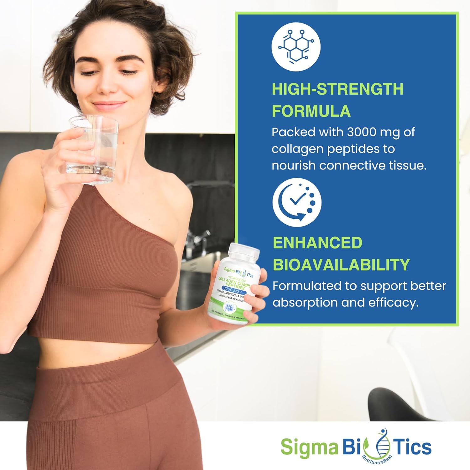 High-Strength Sigma Biotics Collagen Peptides Capsules for Hair, Skin, Nails, and Joints - 3000 mg - Type I & III - 120 Pills