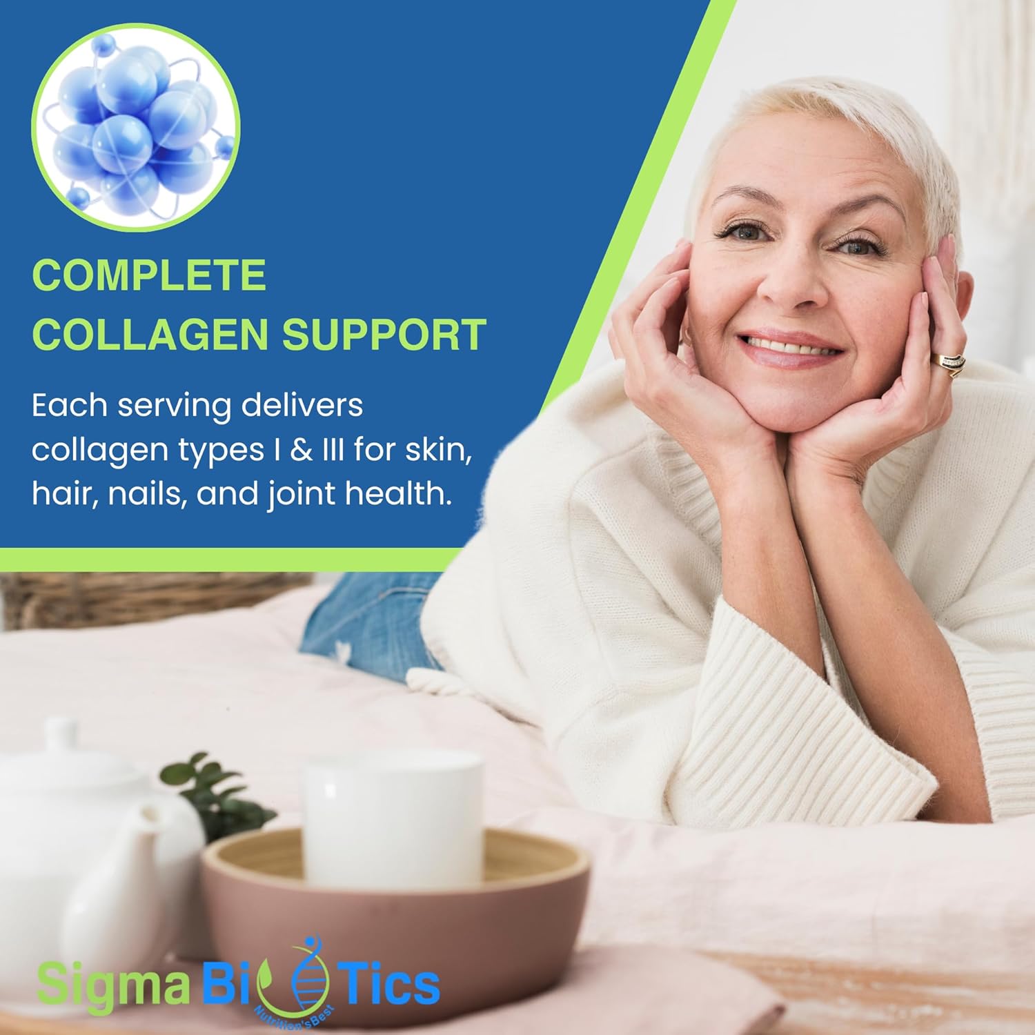High-Strength Sigma Biotics Collagen Peptides Capsules for Hair, Skin, Nails, and Joints - 3000 mg - Type I & III - 120 Pills