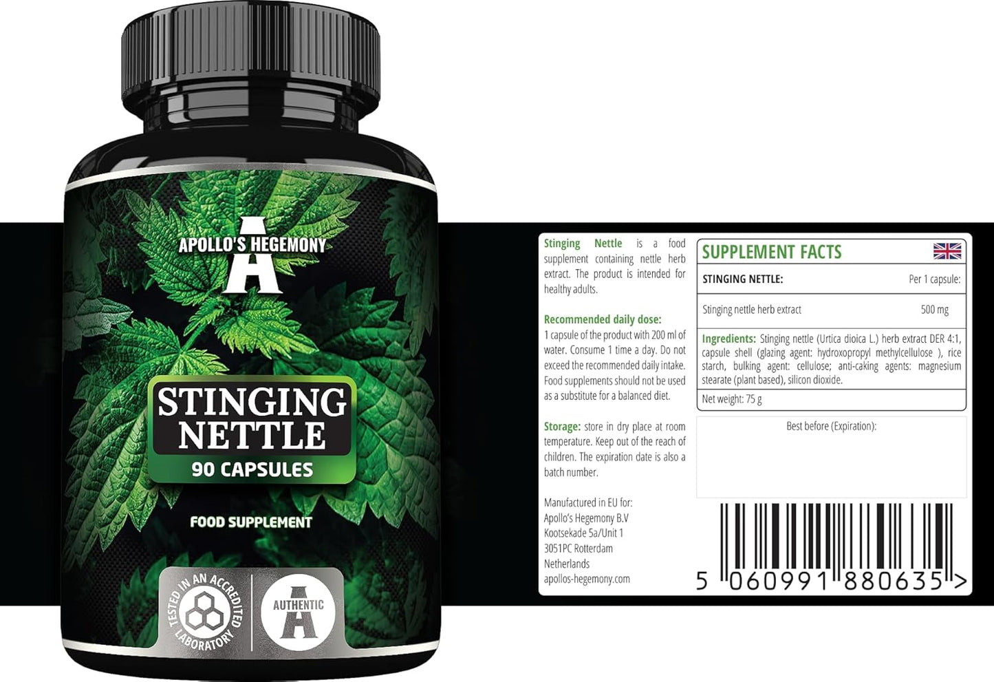 High Strength Stinging Nettle Extract Capsules - 500mg, 90 Vegan Capsules, Cardiovascular Support, Herbal Supplement