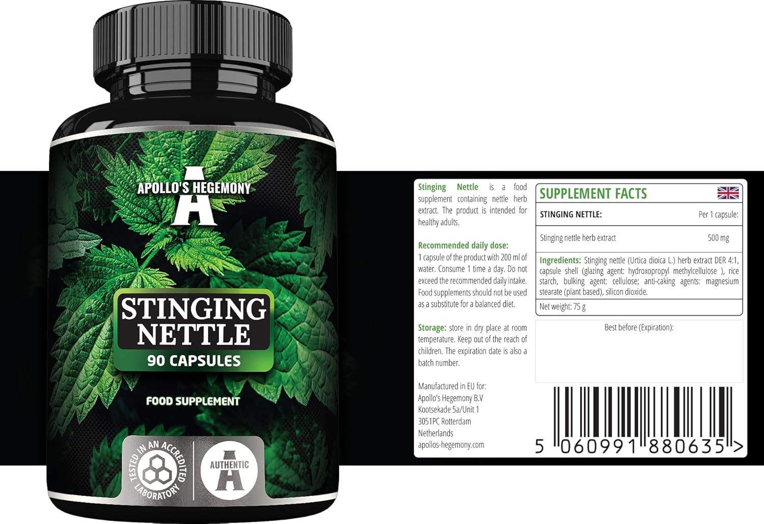 High Strength Stinging Nettle Extract Capsules - 500mg, 90 Vegan Capsules, Cardiovascular Support, Herbal Supplement