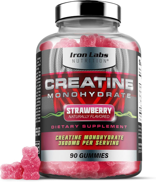 High Strength Strawberry Creatine Gummies - 3600mg Per Serving - Vegan Friendly - Iron Labs Nutrition - 90 Gummy Bears