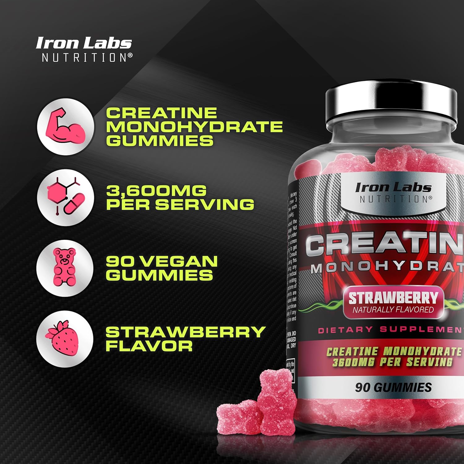 High Strength Strawberry Creatine Gummies - 3600mg Per Serving - Vegan Friendly - Iron Labs Nutrition - 90 Gummy Bears