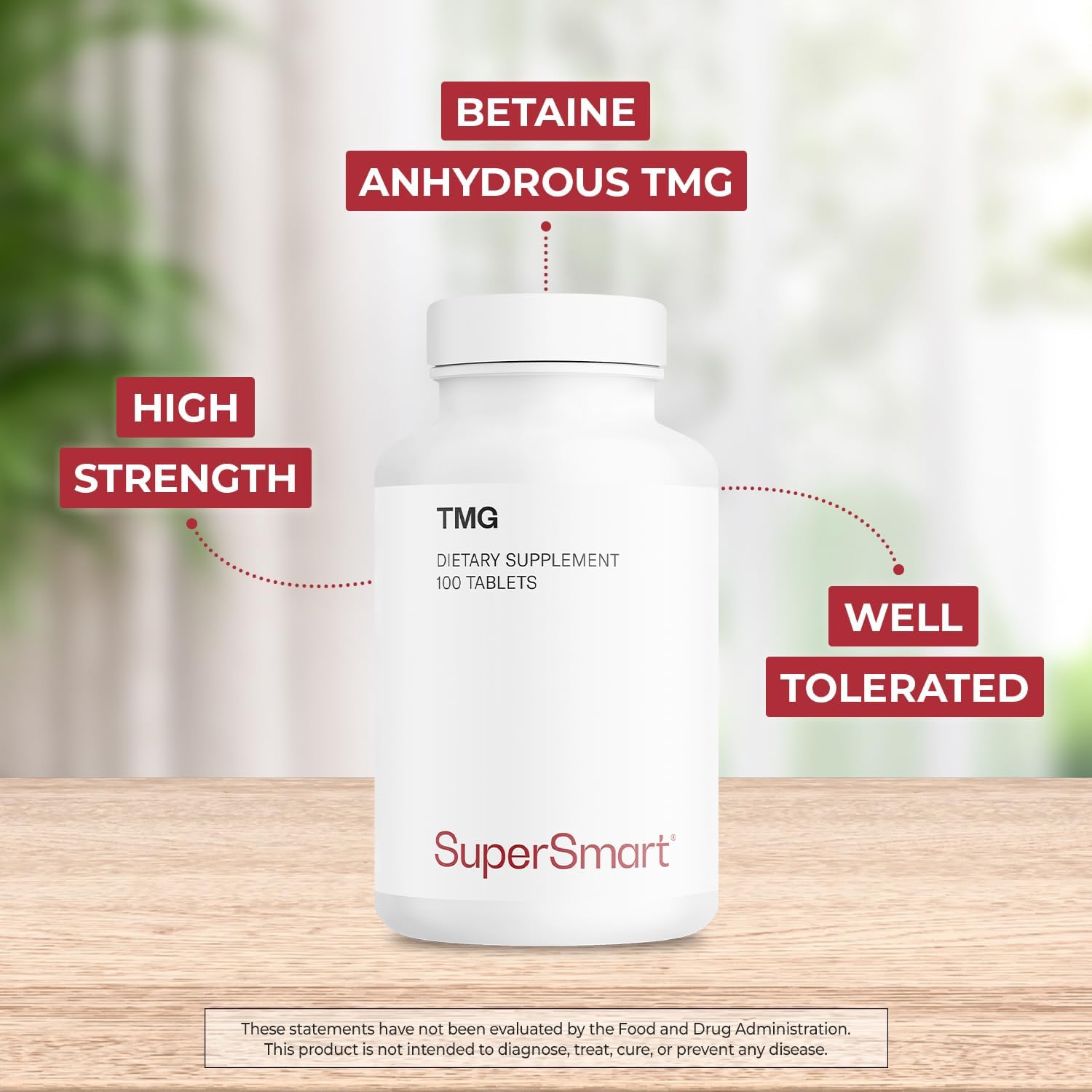 High Strength Supersmart TMG Trimethylglycine Betaine Anhydrous Supplement - 2250mg Daily - Non-GMO & Gluten Free - 100 Tablets