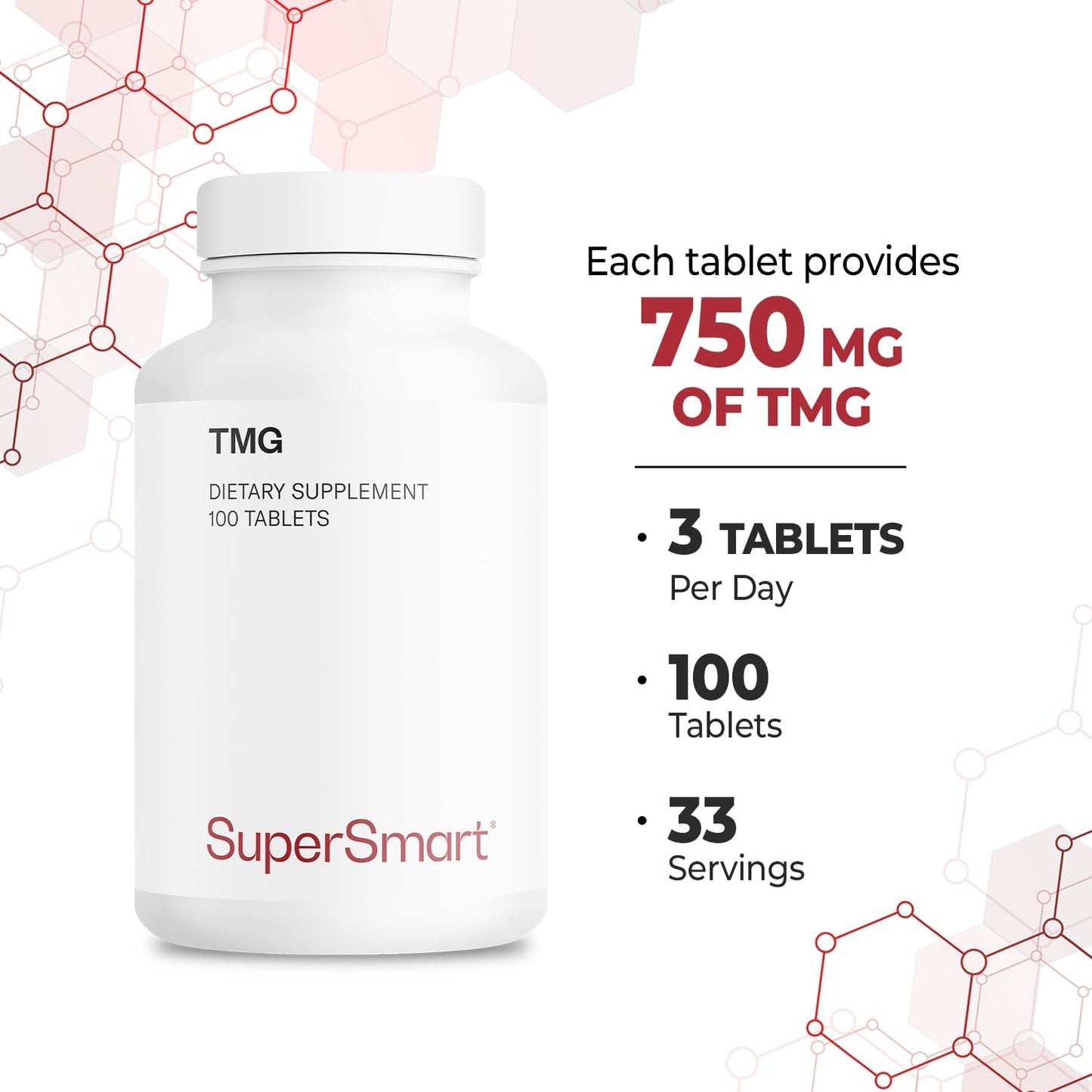 High Strength Supersmart TMG Trimethylglycine Betaine Anhydrous Supplement - 2250mg Daily - Non-GMO & Gluten Free - 100 Tablets