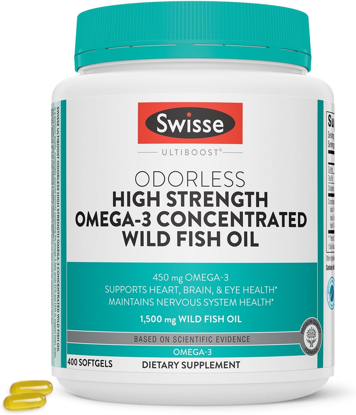 High Strength Swisse Wild Fish Oil Omega 3 Supplement | EPA DHA Fish Oil Softgels | Odorless | Supports Brain, Eye, Heart Health | 1500 mg - 400 Pills