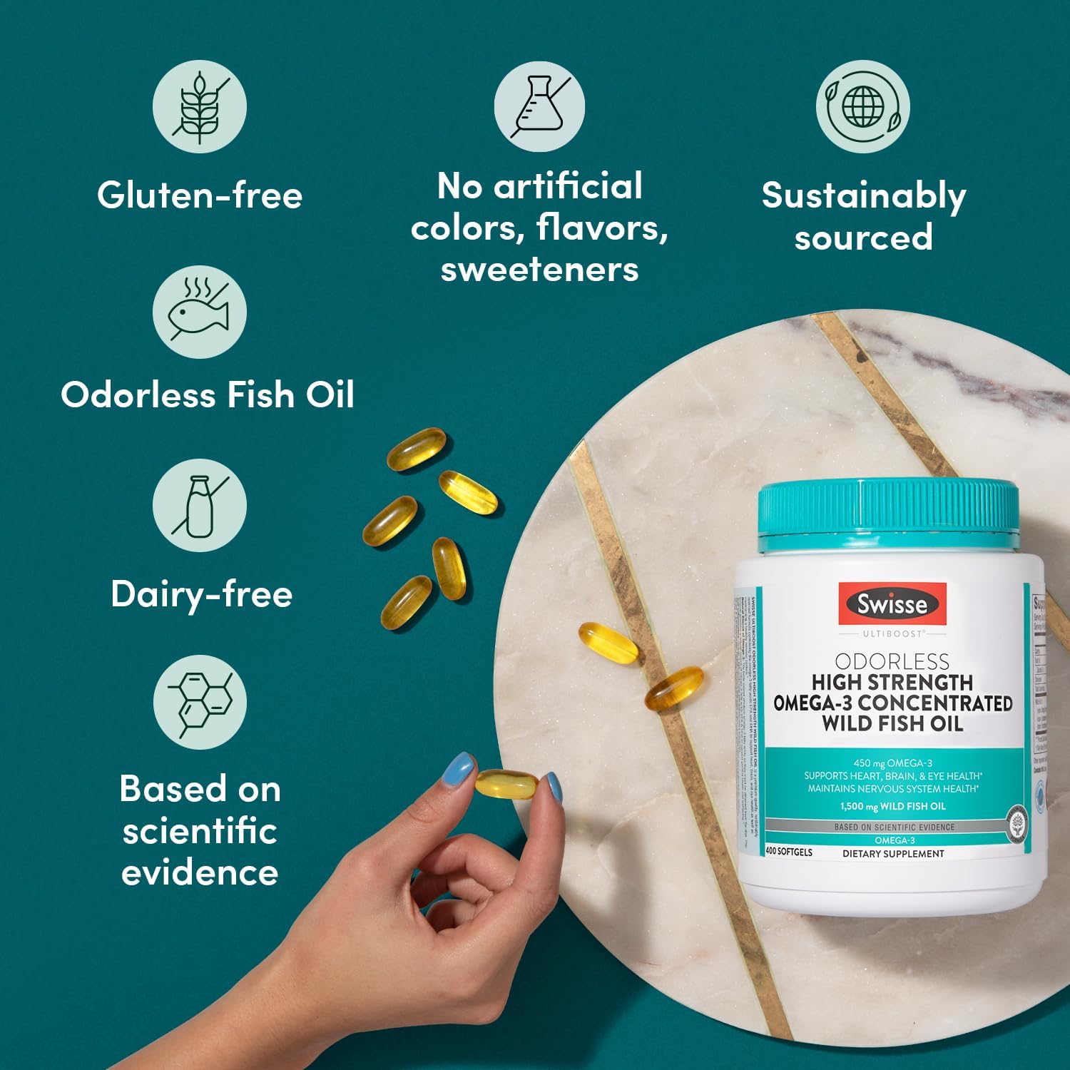 High Strength Swisse Wild Fish Oil Omega 3 Supplement | EPA DHA Fish Oil Softgels | Odorless | Supports Brain, Eye, Heart Health | 1500 mg - 400 Pills