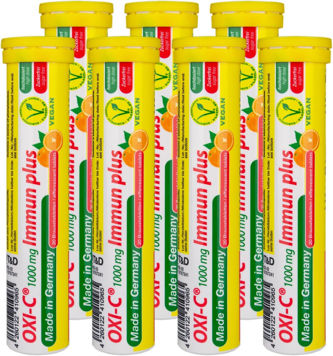 High Strength T&D Oxi C 1000mg Vitamin C Effervescent Tablets - 140 Vegan Orange Flavored Drinks - German Made