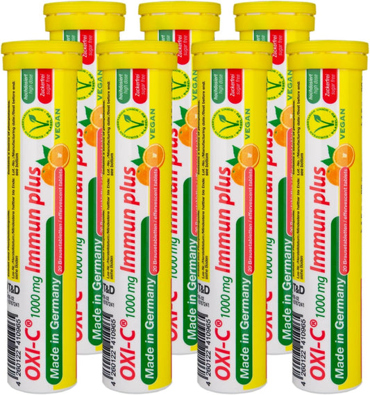 High Strength T&D Oxi C 1000mg Vitamin C Effervescent Tablets - 140 Vegan Orange Flavored Drinks - German Made