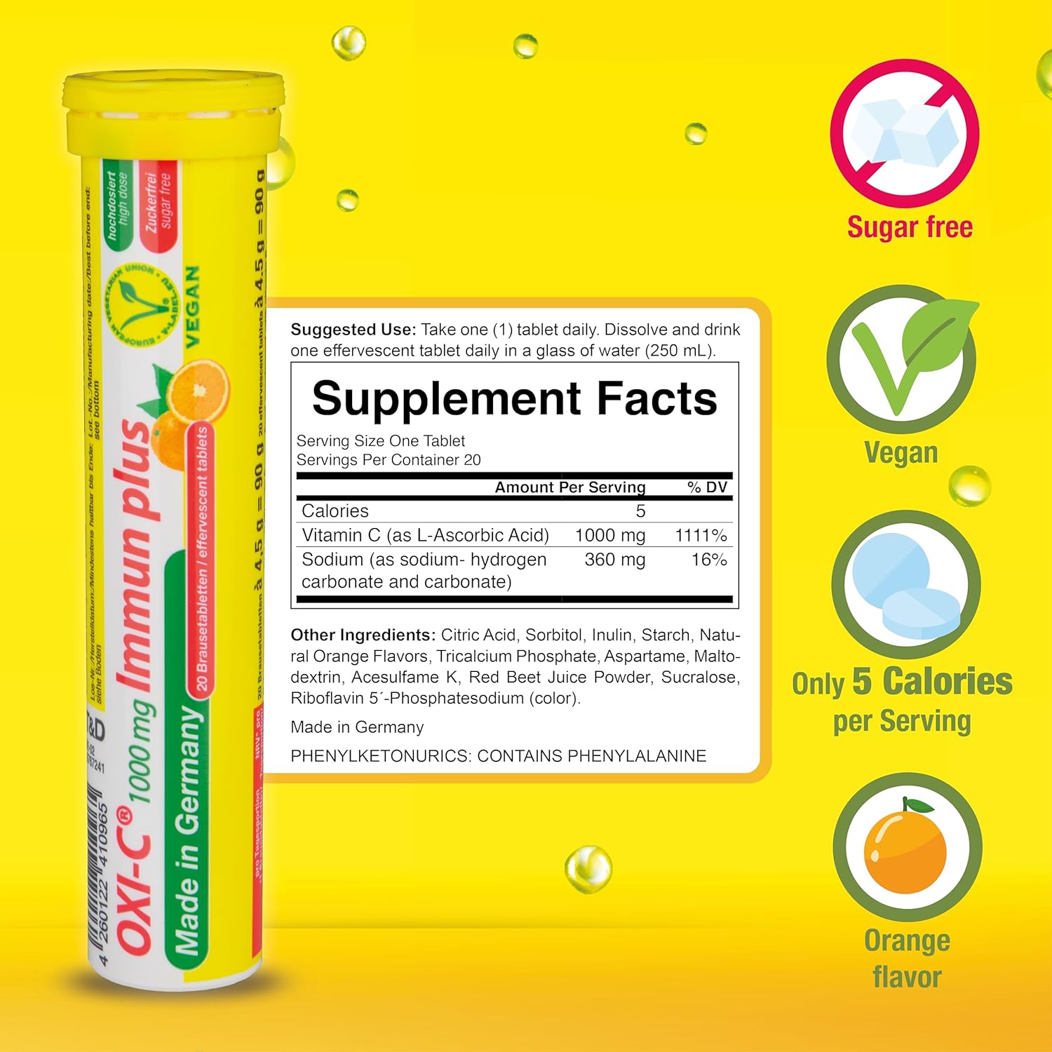 High Strength T&D Oxi C 1000mg Vitamin C Effervescent Tablets - 140 Vegan Orange Flavored Drinks - German Made